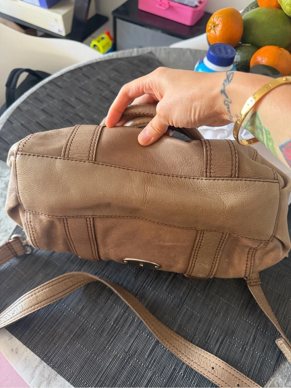 Fossil Taupe Pebbled Leather Shoulder Bag